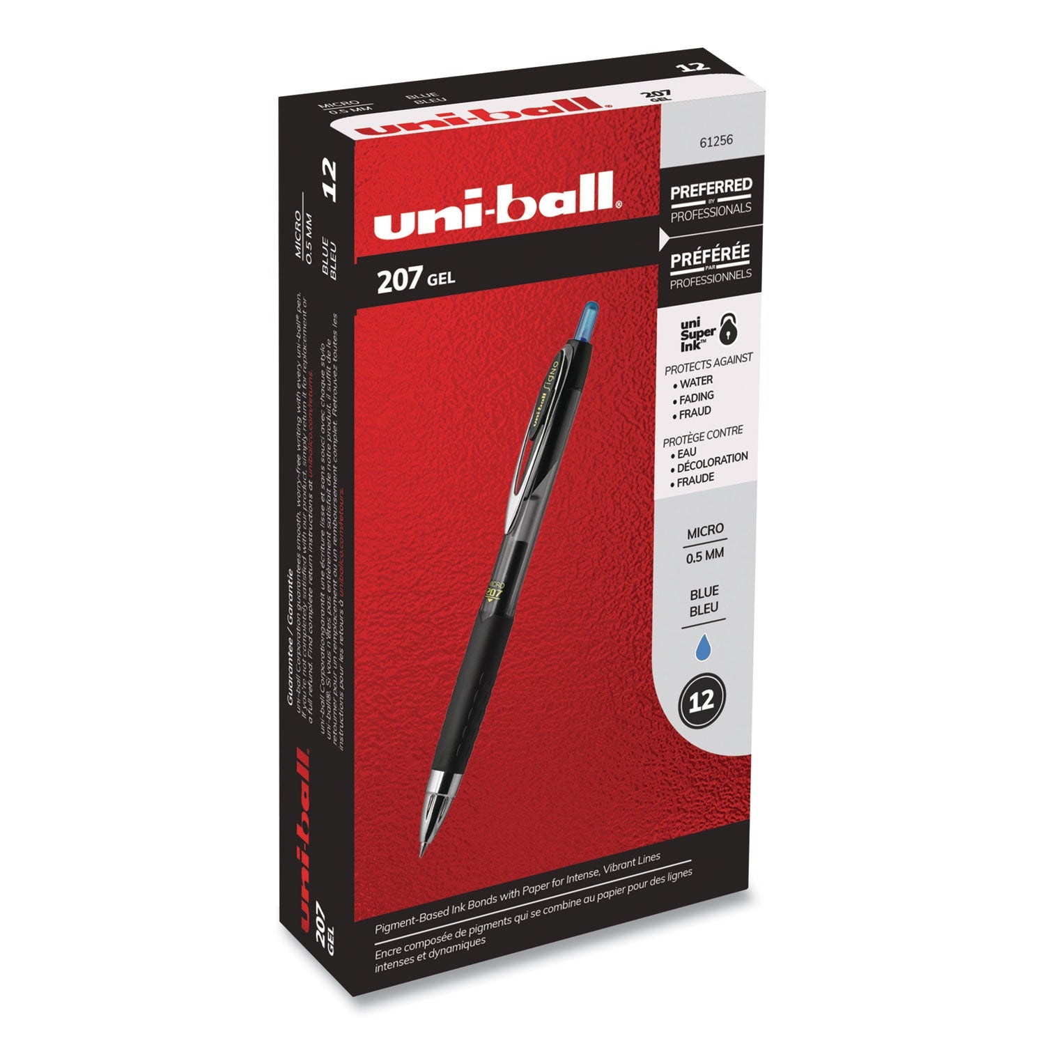 uniball Signo 207 Gel Pen, Retractable, Micro 0.5 mm, Blue Ink, Smoke/Black/Blue Barrel, Dozen
