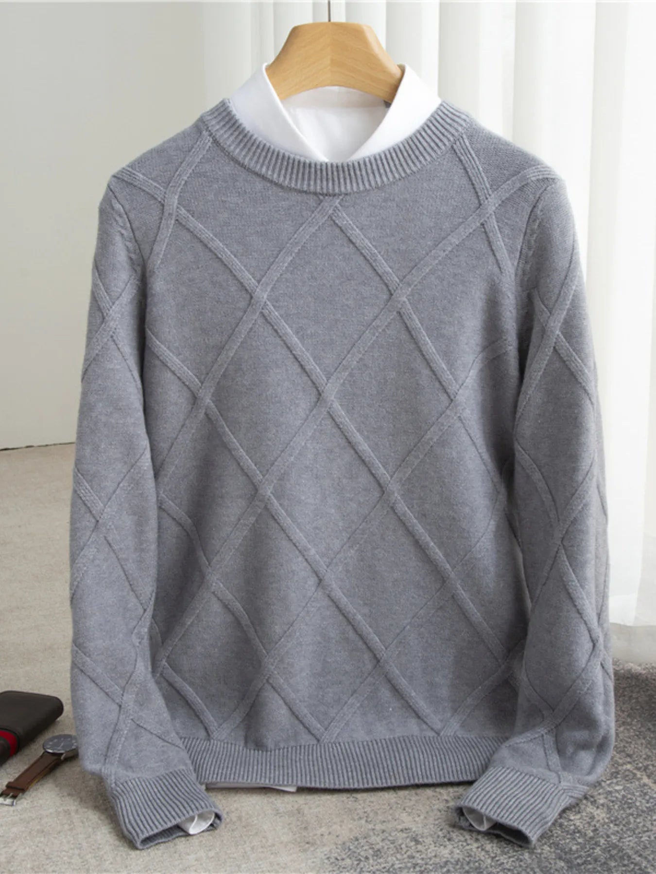 Men's Full Size Diamond Pattern Long Sleeve Sweater Plus Size