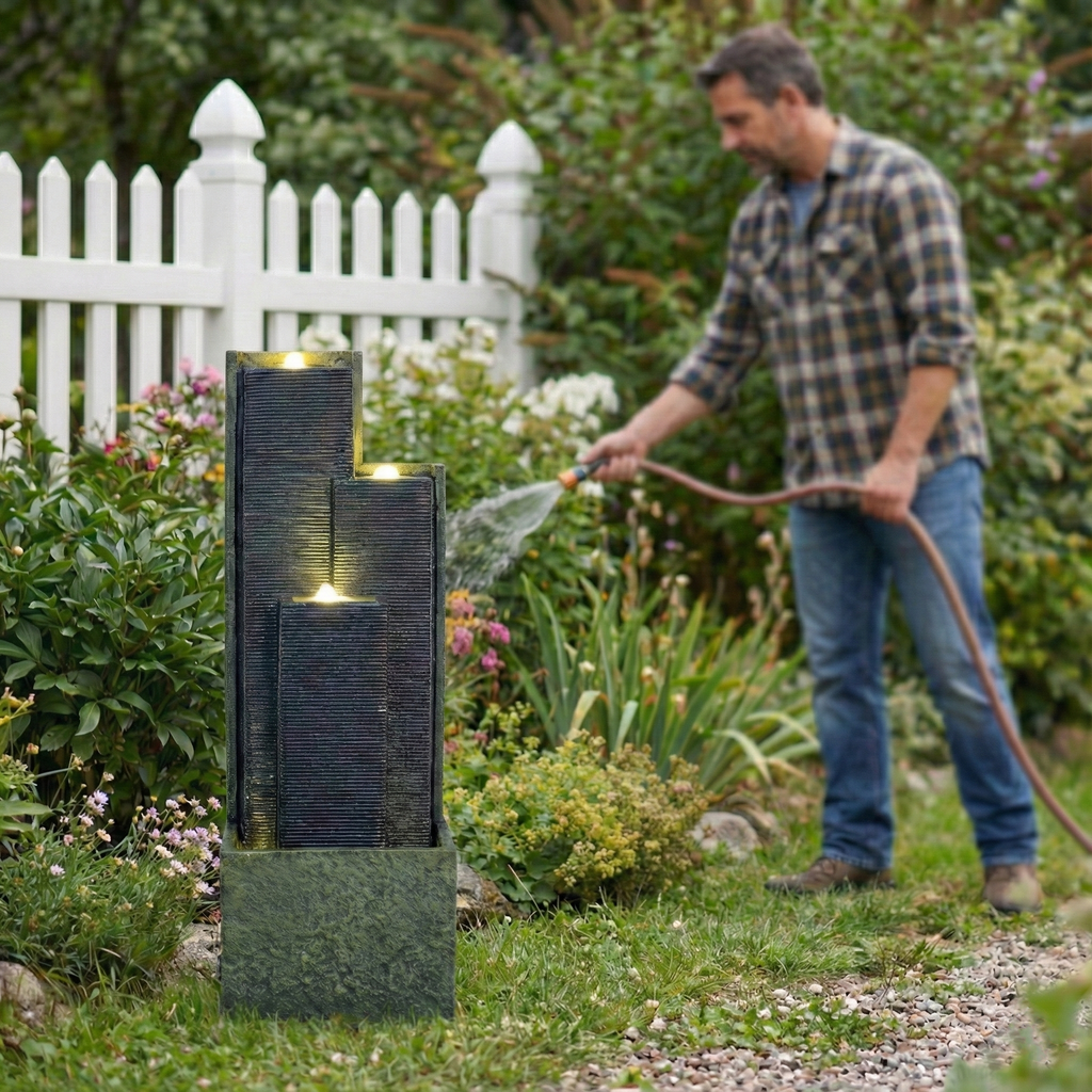 39" H Outdoor Water Fountain Modern Cascading Freestanding Fountain with LED Lights for Garden Patio Porch Lawn