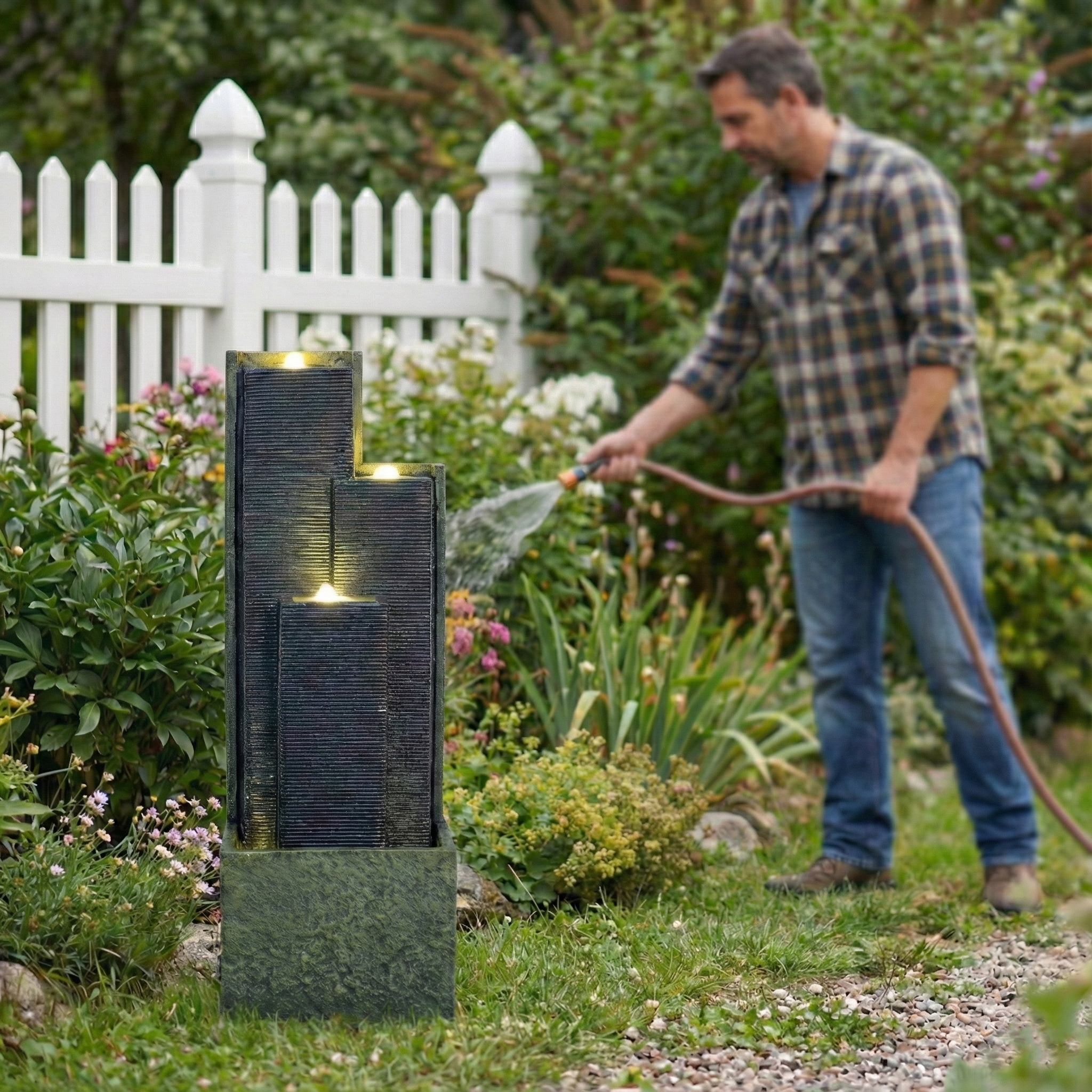 39" H Outdoor Water Fountain Modern Cascading Freestanding Fountain with LED Lights for Garden Patio Porch Lawn