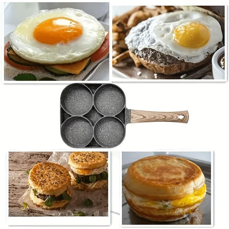 Non-Stick 4-Hole Star Egg Pan Cookware, Granite-Style Pancake Skillet with Wooden Handle, Small Frying Pan for Eggs, Omelets, Toast, Pancakes, Crepes, Sandwiches, Breakfast, Easy Clean, Kitchen Gadget, Multifunctional, Birthday Gift