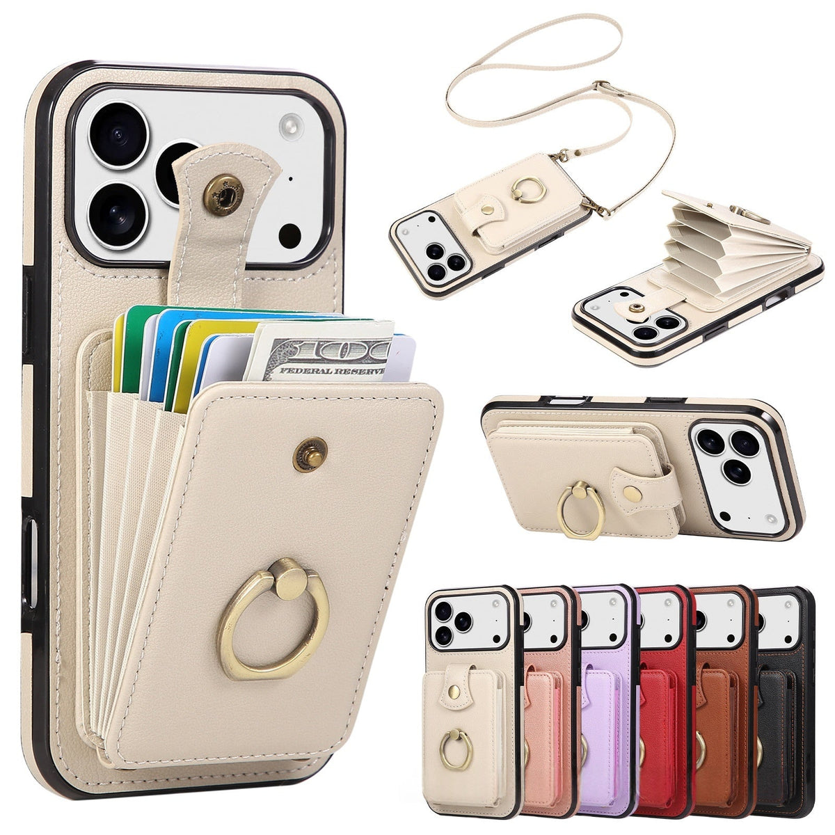 Leather Phone Case With Ring Holder And Card Slot Drop Proof Protective Case