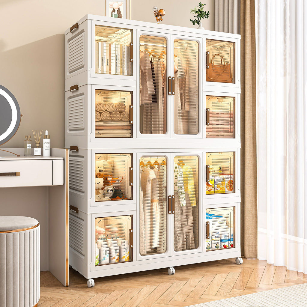Portable Wardrobe Closet Storage Organizer For Clothes With Magnetic Doors, 12 Cubes & 2 Hanging Rods - White