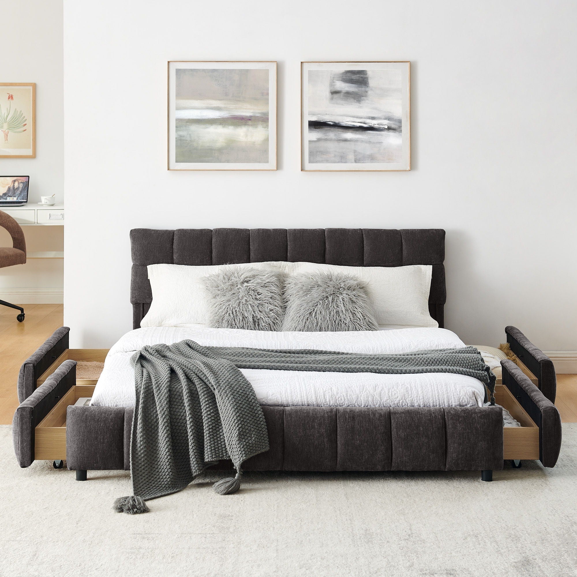 Modern Platform Bed Frame With Thick Fabric