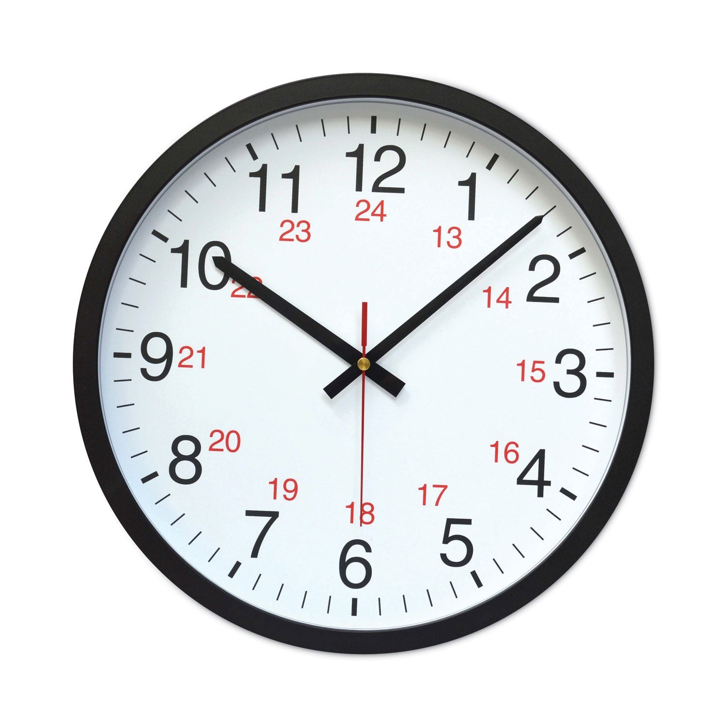 Universal 24-Hour Round Wall Clock, 12.63" Overall Diameter, Black Case, 1 AA (sold separately)