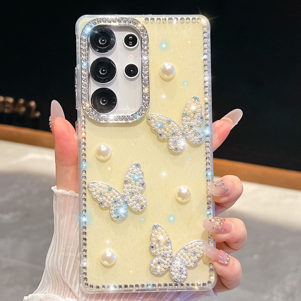 Glitter Powder Pearl Butterfly Style Phone Case With Rhinestones