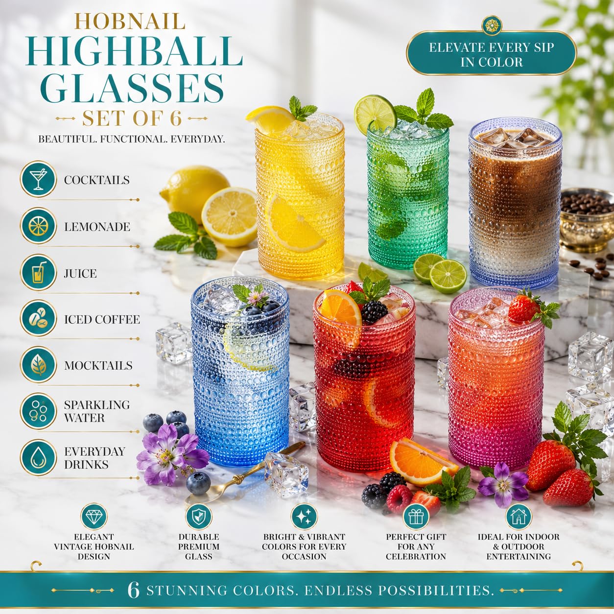 Madrid Acrylic Highball Hobnail Glassware, Set of 6