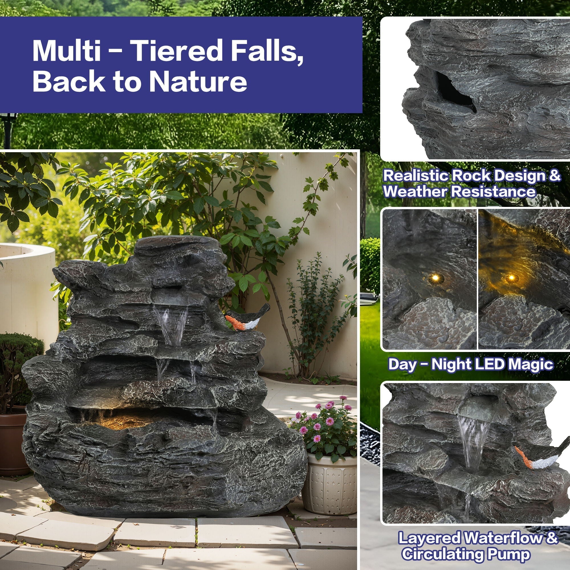 Concrete Rock Waterfall Fountain with LED Lights