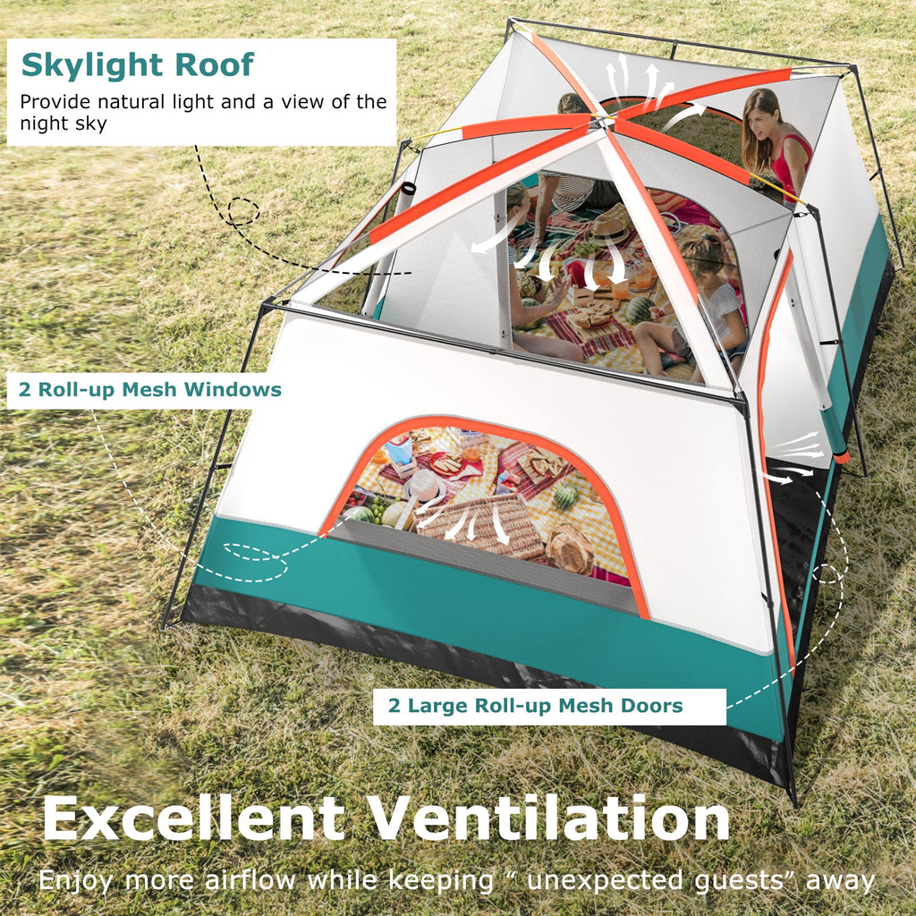 8-10 Person Camping Tent with Double Rooms and 2 Doors-Green