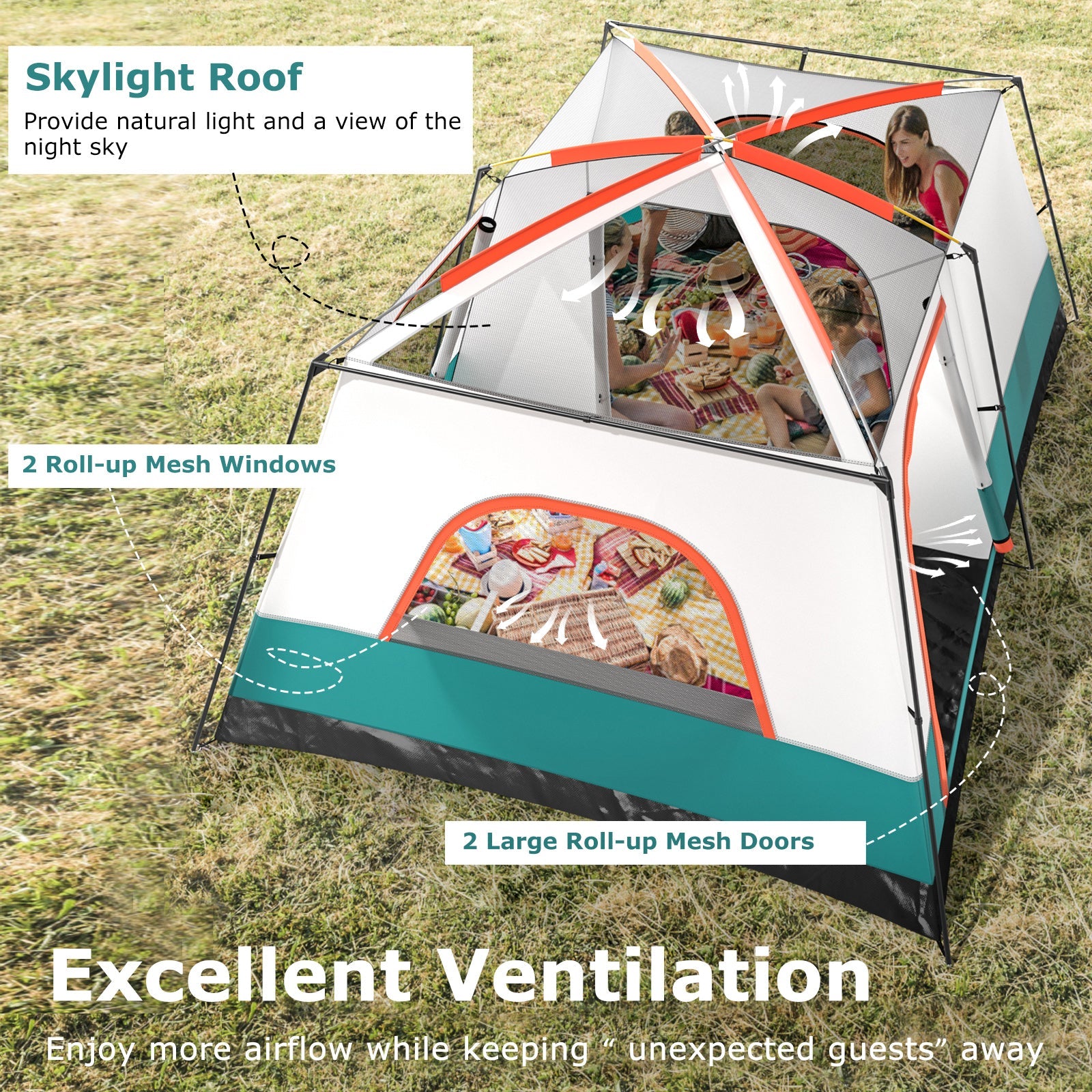 8-10 Person Camping Tent with Double Rooms and 2 Doors-Green