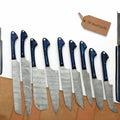 9-Piece Damascus Kitchen Knife Set with Leather Roll and Blue Pakka Wood Handles