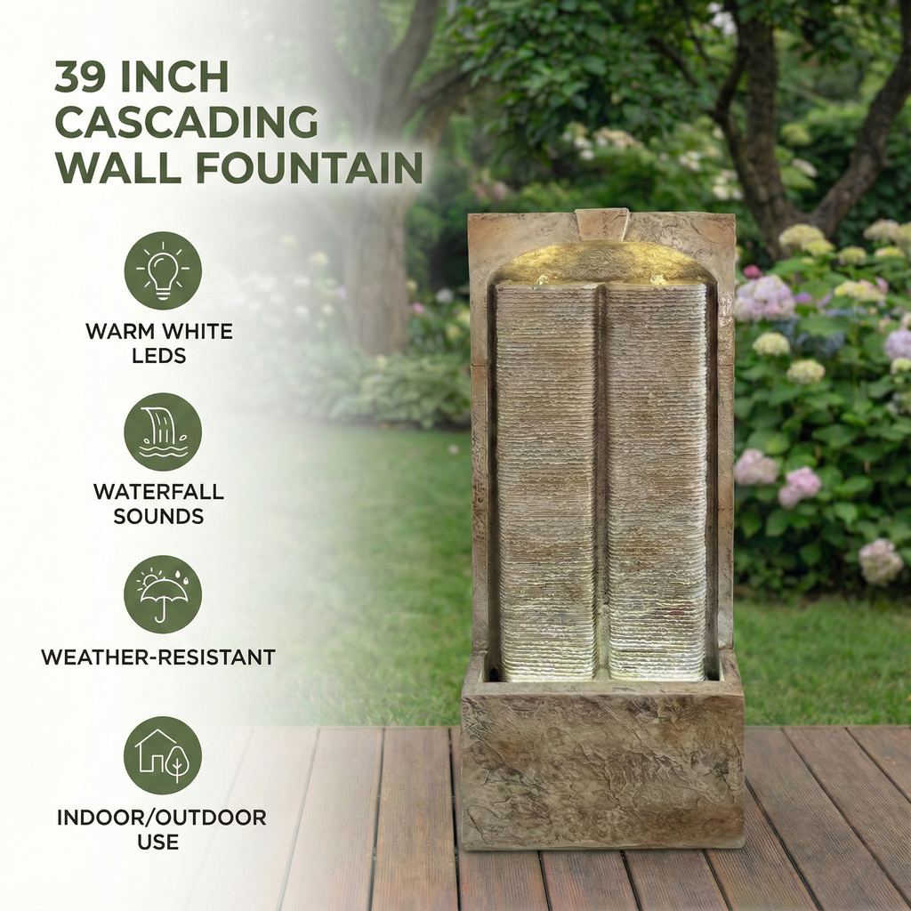 39 Inch Outdoor Water Fountain with Pump and LED Lights