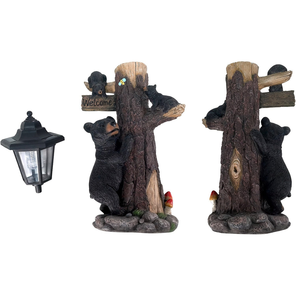 Black Bear Statue Welcome Sign Garden Statue with Solar Light