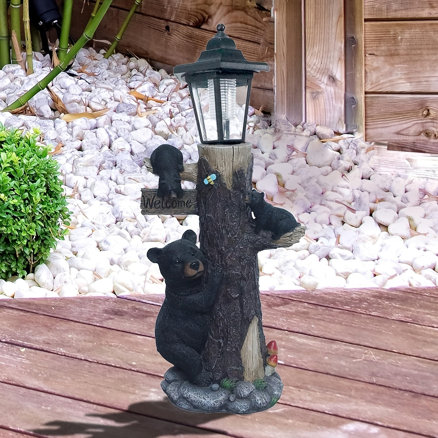 Black Bear Statue Welcome Sign Garden Statue with Solar Light