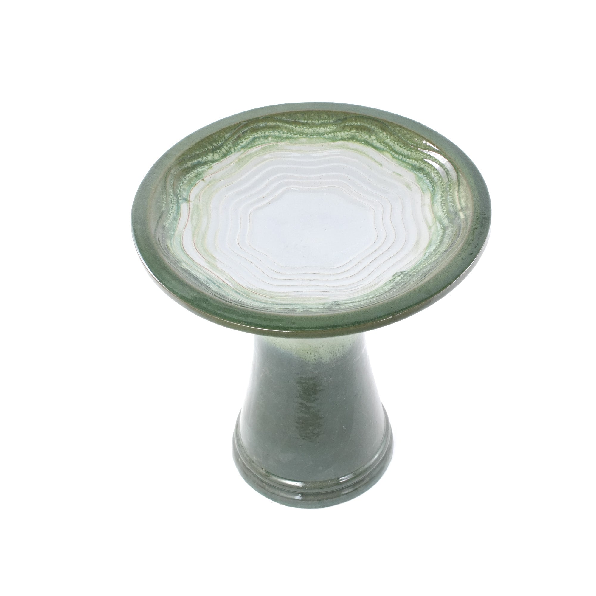 Handmade Glazed Ceramic Bird Bath, 17" Concentric Ripple Embossed Tray & 18" Pedestal Base