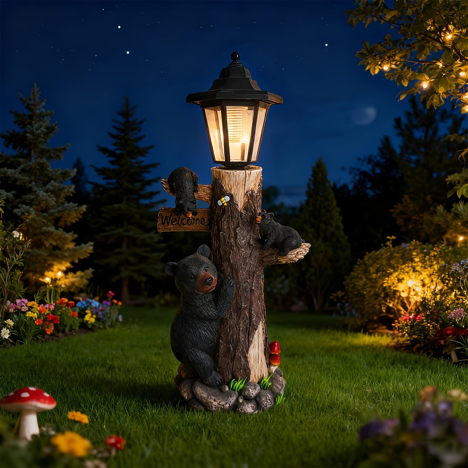 Black Bear Statue Welcome Sign Garden Statue with Solar Light
