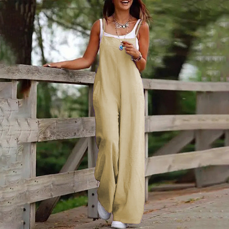 Plus Size Women's Solid Color Casual Jumpsuit - Sleeveless Romper With Pockets For Spring&Summer