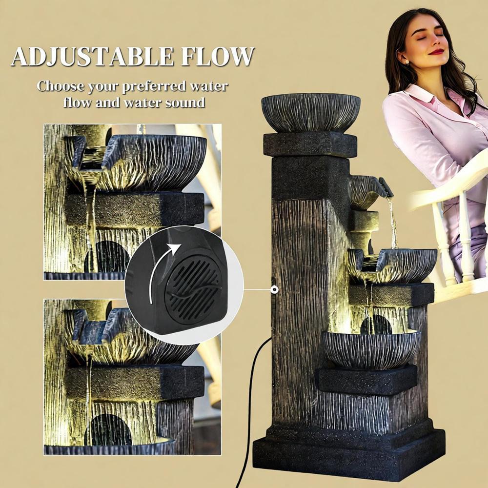 4-Tier Resin Cascading Bowls Outdoor Waterfall Fountain with LED Lights