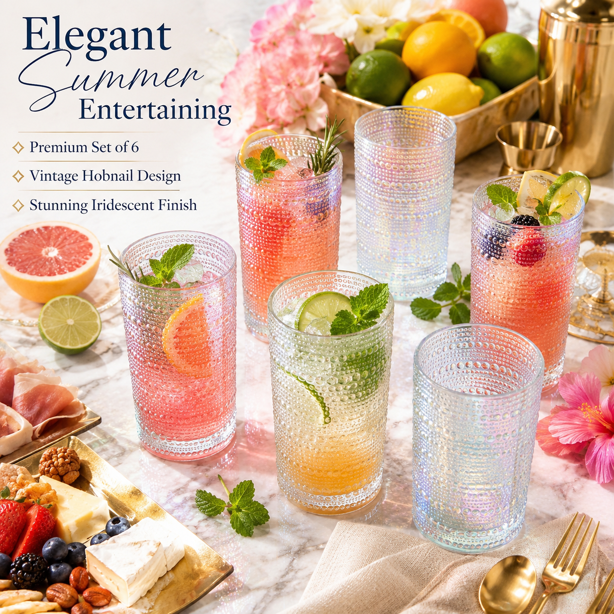Classica Hobnail Highball Glassware, Set of 6