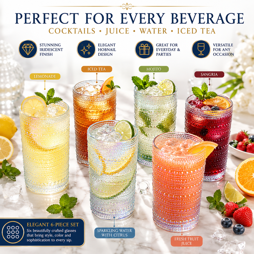 Classica Hobnail Highball Glassware, Set of 6