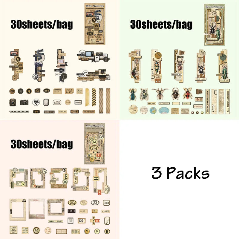 3 Packs Vintage Memory Series Scrapbooking Supplies | Retro Collage Materials for Journal Decoration