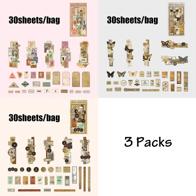 3 Packs Vintage Memory Series Scrapbooking Supplies | Retro Collage Materials for Journal Decoration