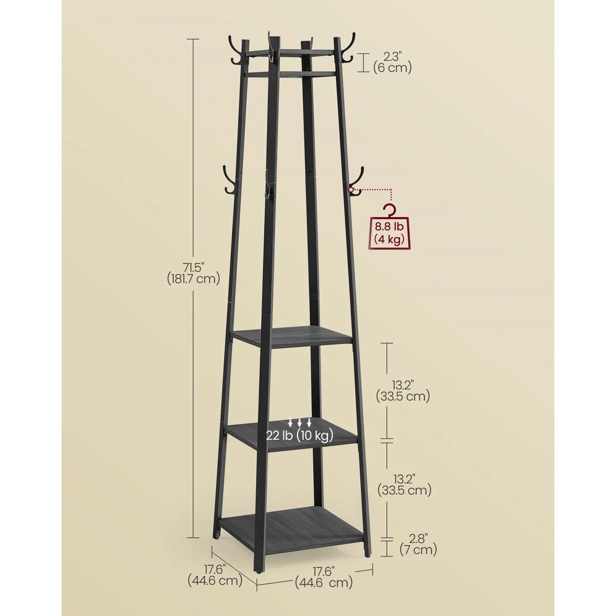 Modern Farmhouse Black Metal Coat Rack Entryway Hall Tree with Grey Wood Shelves