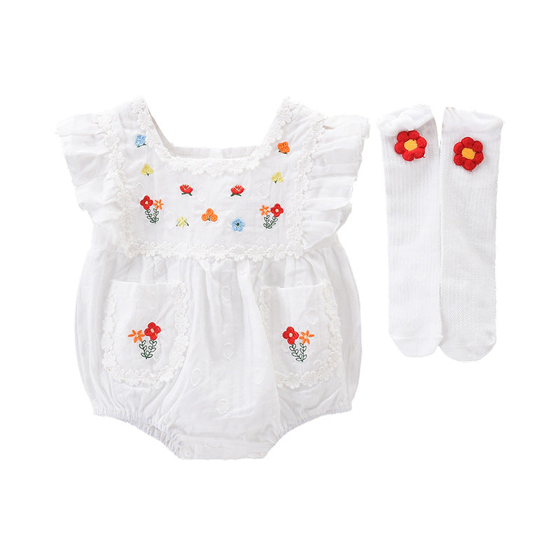 Embroidered Baby Girl Romper with Socks for Summer - # BAAA21110041