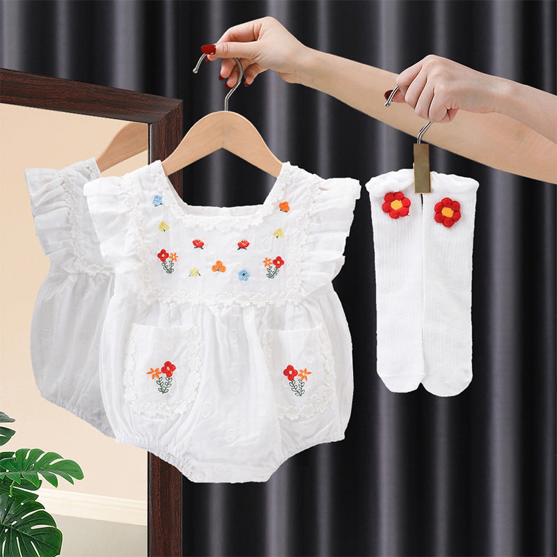 Embroidered Baby Girl Romper with Socks for Summer - # BAAA21110041