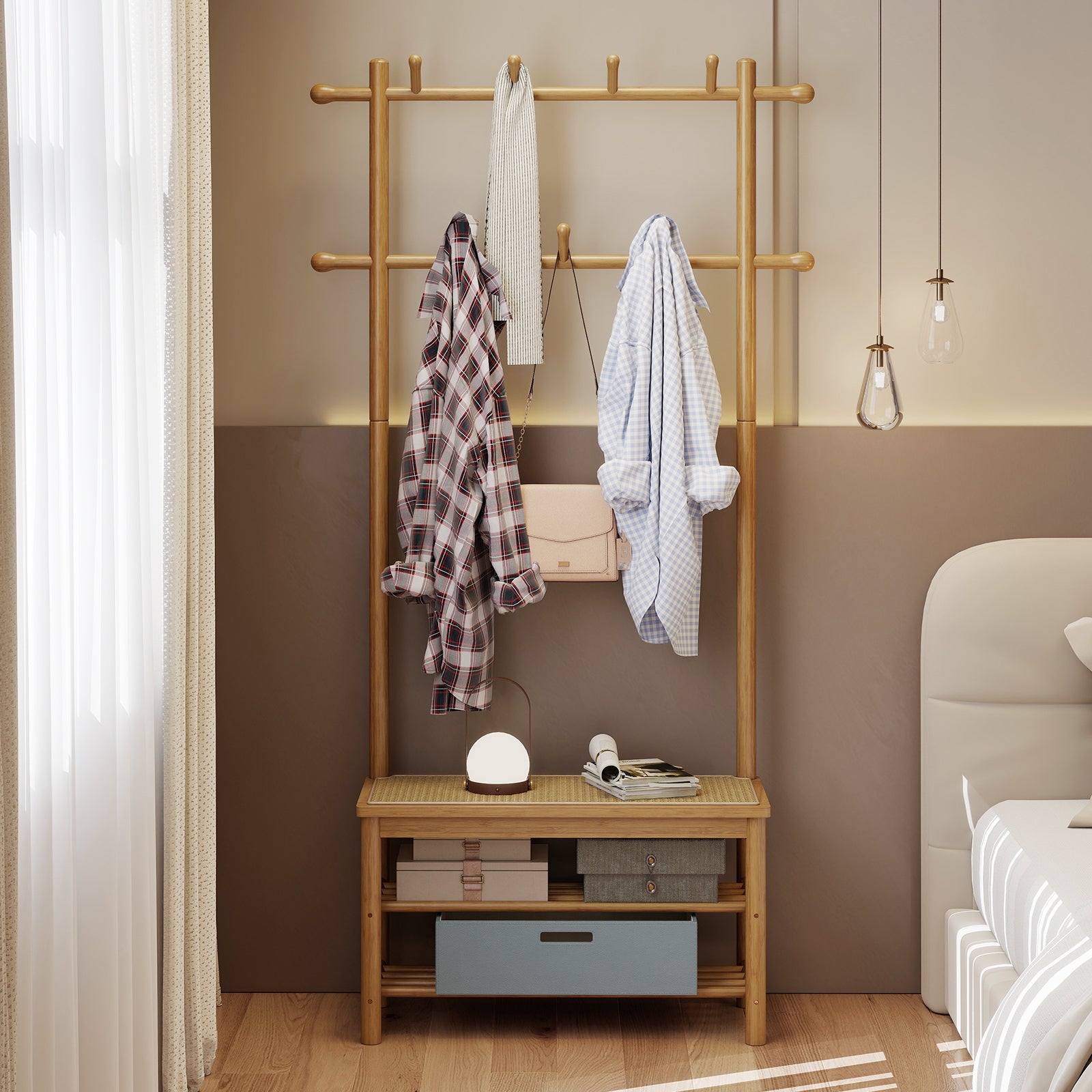 Bamboo Coat Rack PE Rattan Hall Tree with Bench and Shoe Storage 3-In-1 Entryway Bench