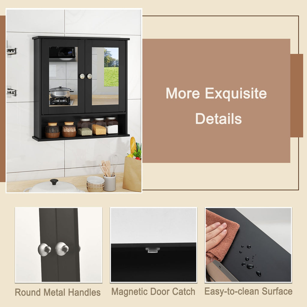 Double Door Wall-Mounted Bathroom Mirror Cabinet with Storage Shelf-Black