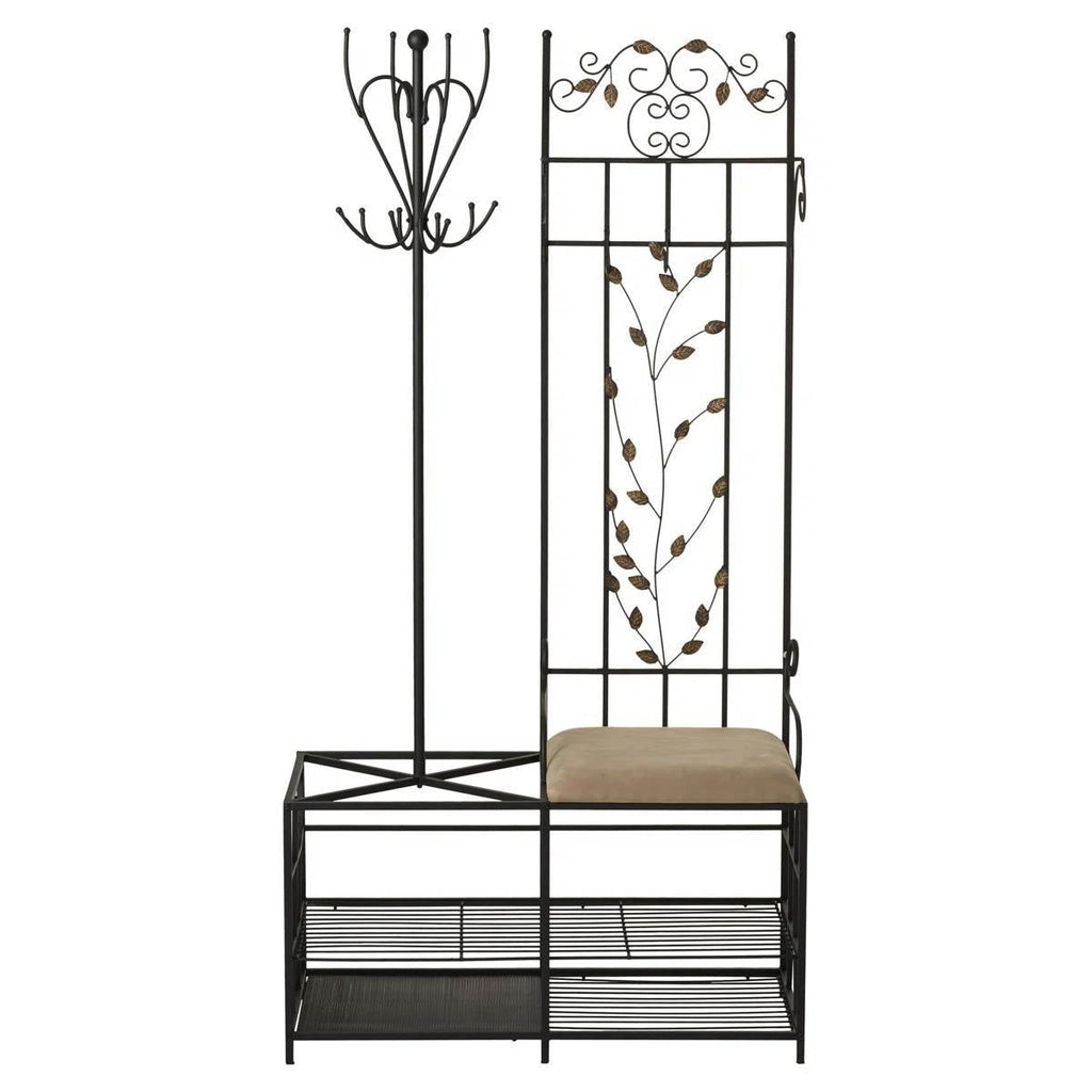 Entryway Hall Tree Coat Rack Storage Bench with Scrolling Leaves Scrollwork