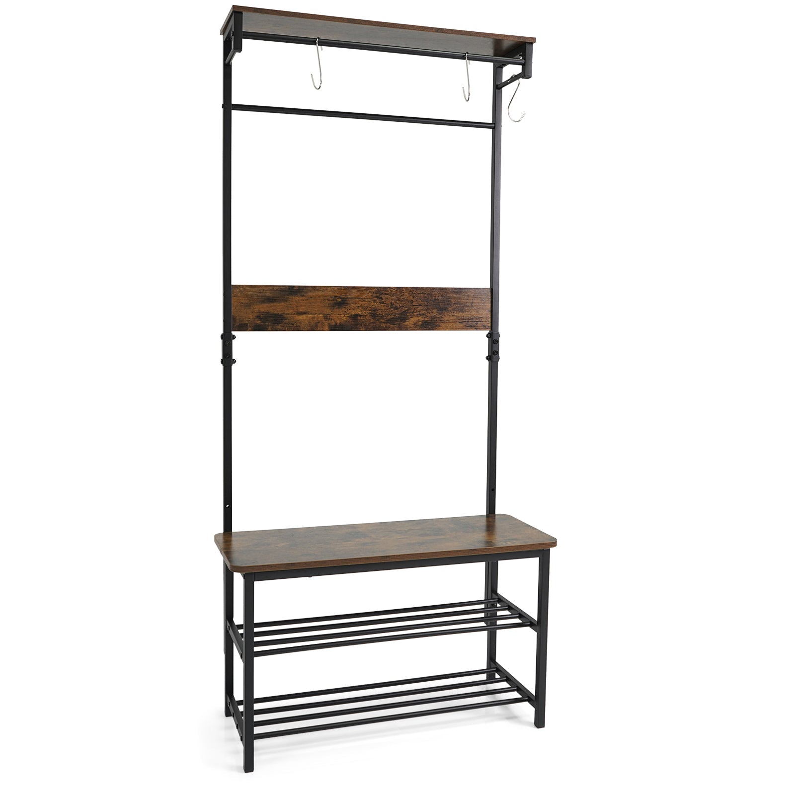 Coat Rack 4-In-1 Hall Tree with Shoe Bench and Removable Hooks-Coffee