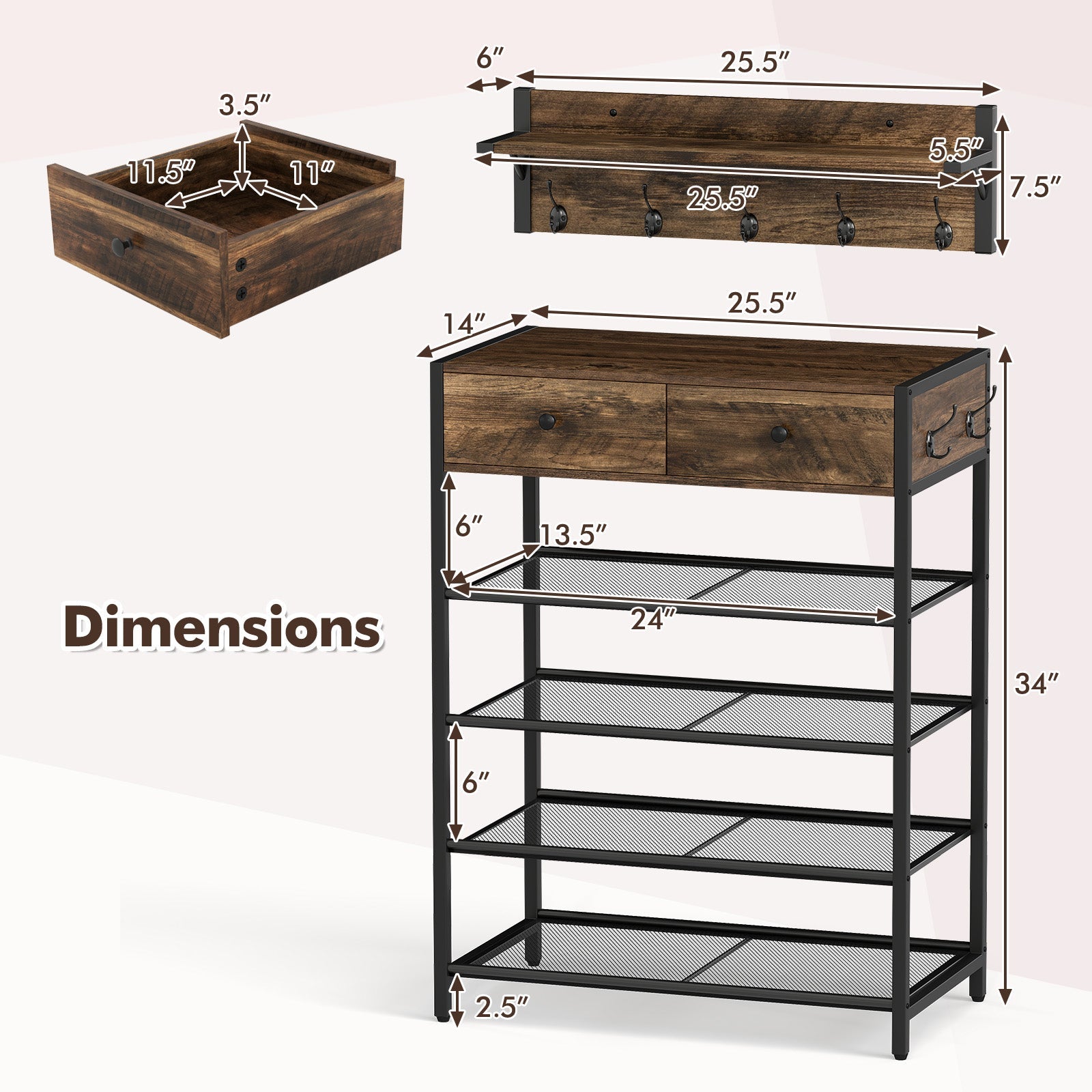 Coat Rack Shoe Stand Set 5-Tier Shoe Rack with Wall-Mounted Coat Hanger-Brown