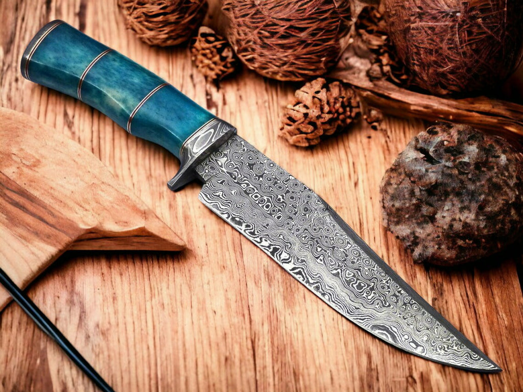 Custom Handmade 13" Damascus Steel Confederate Civil War Bowie Knife with Camel Bone Handle and Leather Sheath