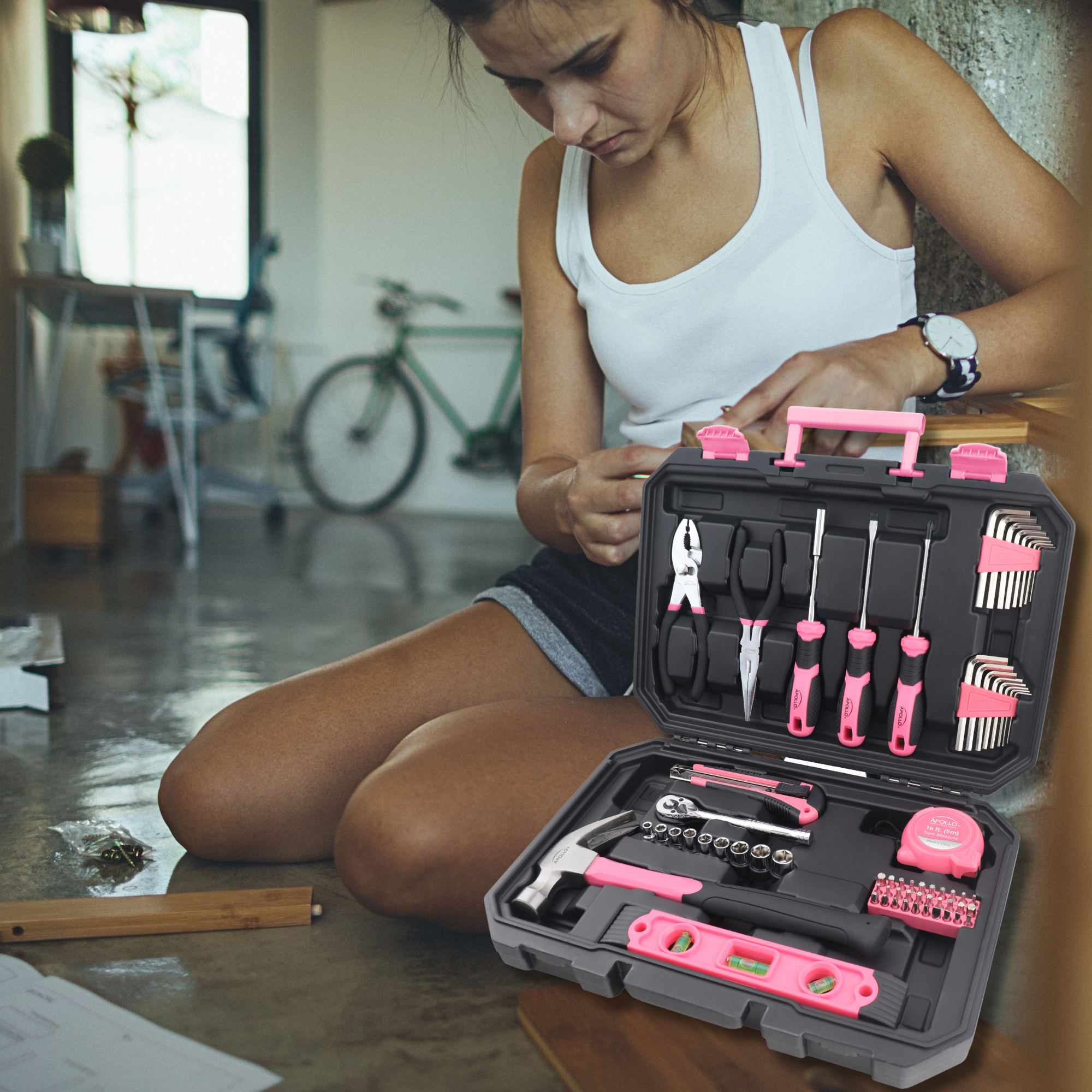 Essential 65-Piece Pink Tool Set with Socket Set and Most-Used Tools for Do it Yourself Repairs and Maintenance - DT0001P