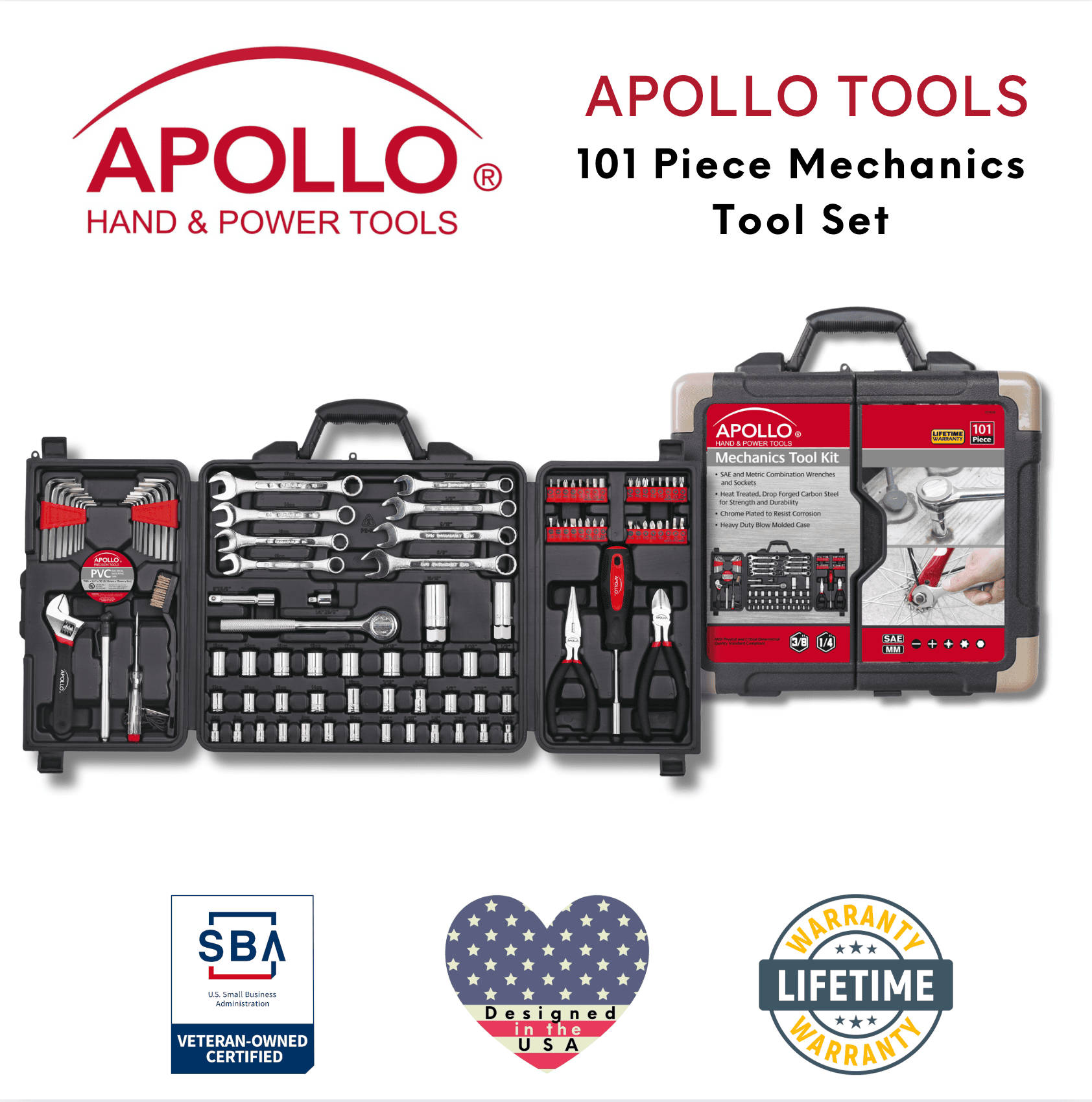 101 Piece Mechanic Tool Set for Vehicle and Home Maintenance, Roadside Emergencies. SAE and Metric Tool Set for Car, Boat, RV, Bikes - DT0006