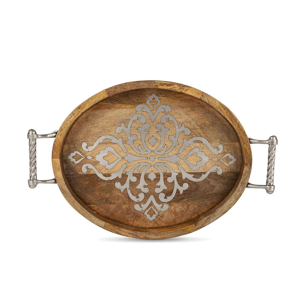 Rustic Mango Wood Serving Tray with Metal Handles