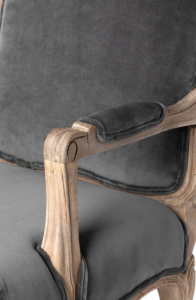 French Country Velvet Armchair with Carved Wood Frame