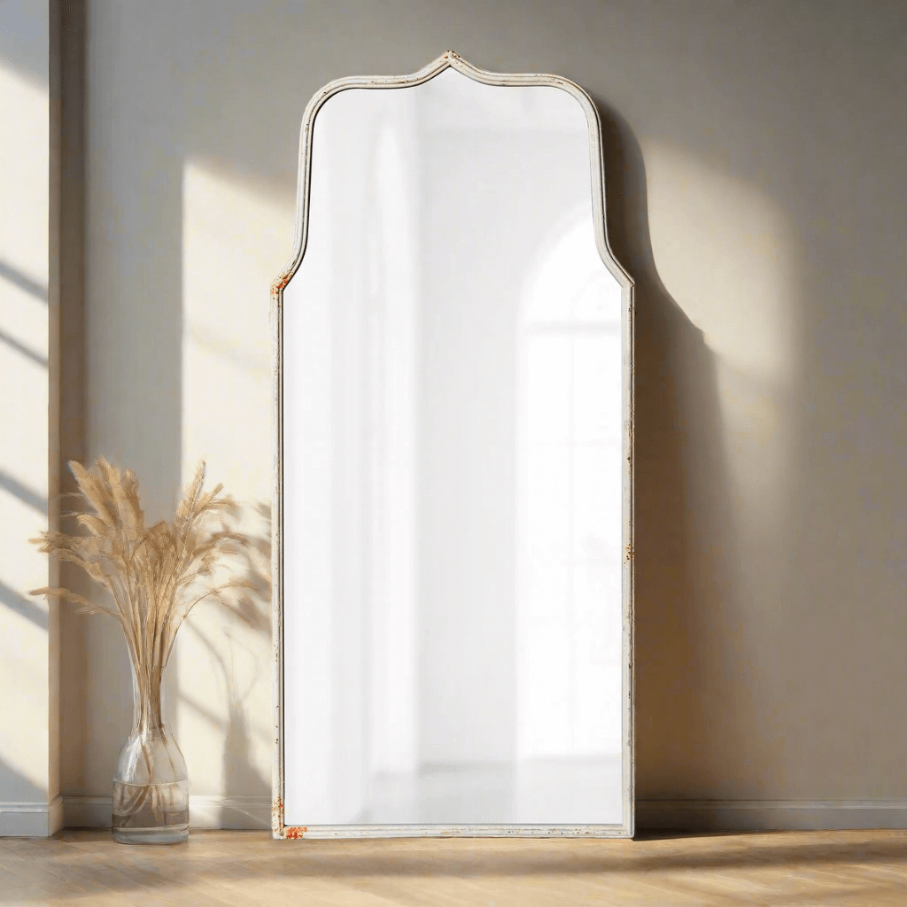 French Country Arch Mirror with Distressed White Frame