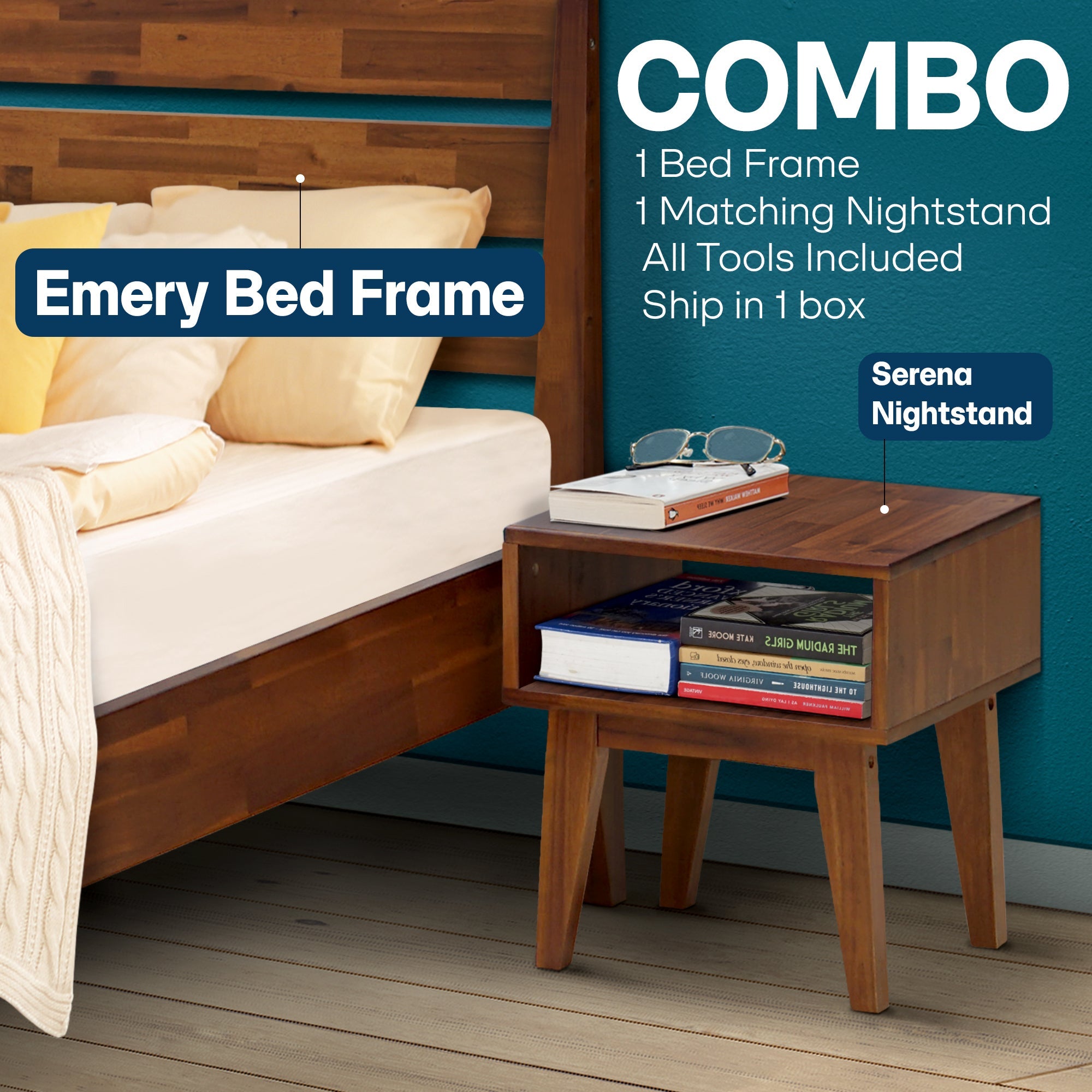 [Buy 1 Get 1] Emery Solid Wood Bed Frame & Nightstand