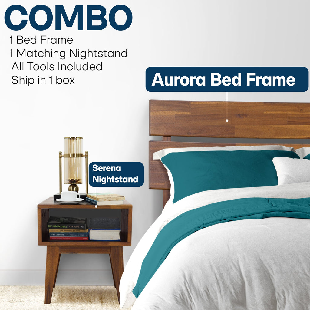 [Buy 1 Get 1] Aurora Solid Wood Bed Frame & Nightstand