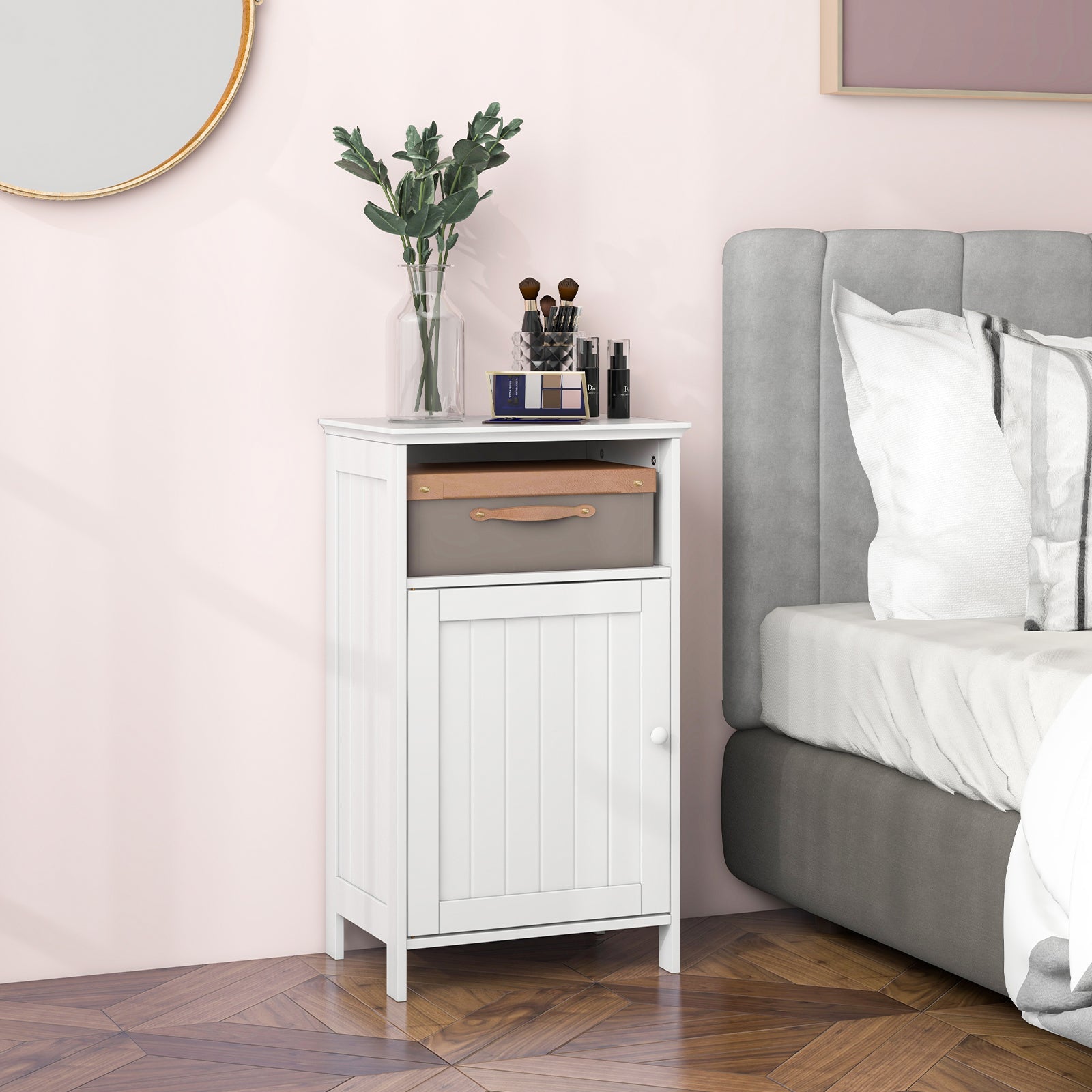 Bathroom Freestanding  Adjustable Shelf Floor Storage Cabinet-White