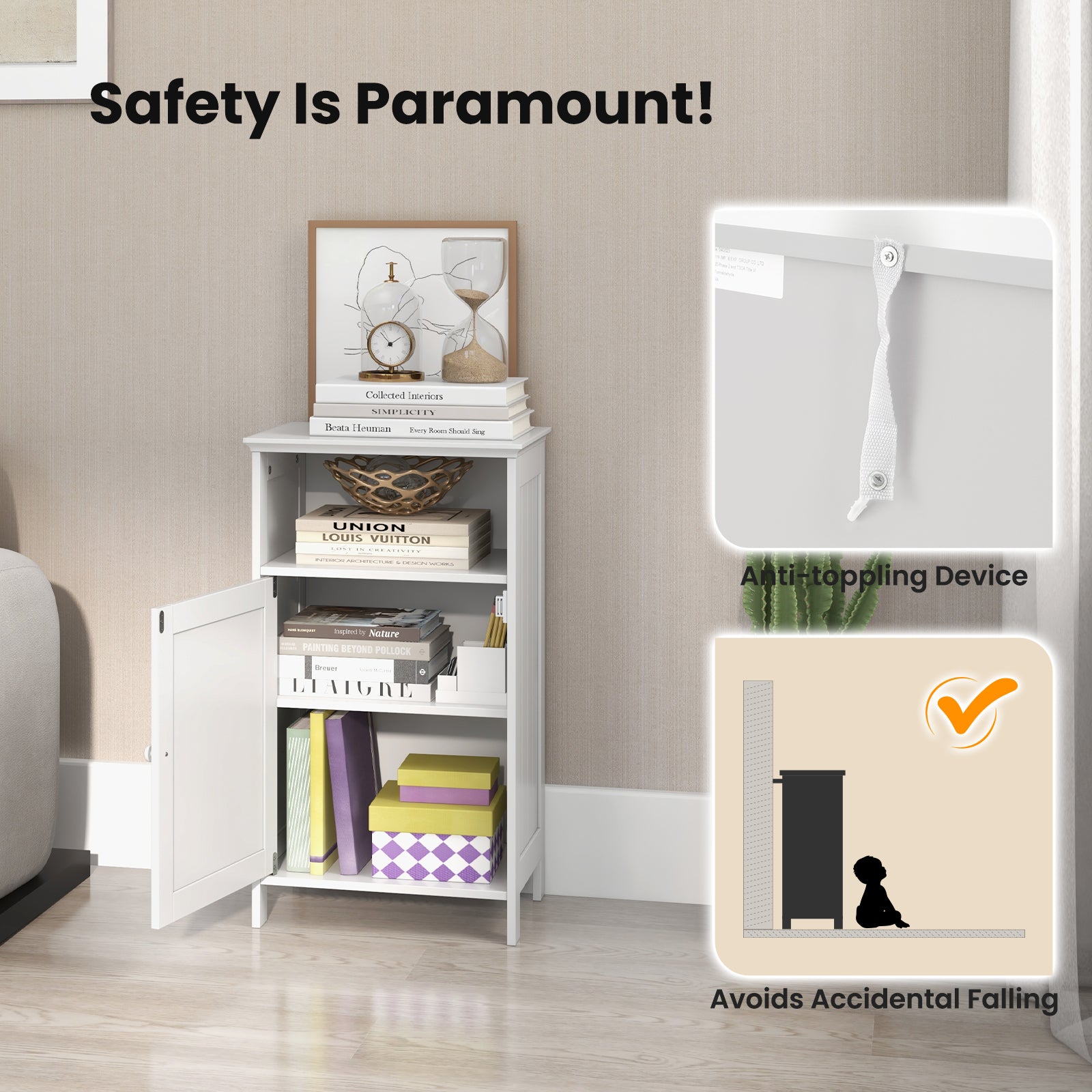 Bathroom Freestanding  Adjustable Shelf Floor Storage Cabinet-White
