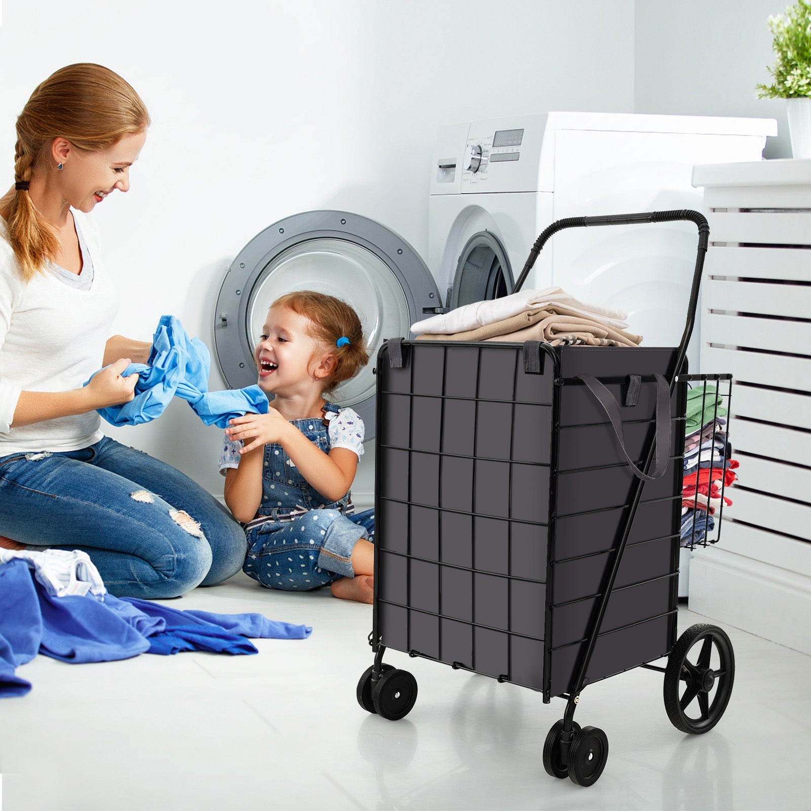 Folding Rolling Shopping Cart with Waterproof Liner and Basket-Black
