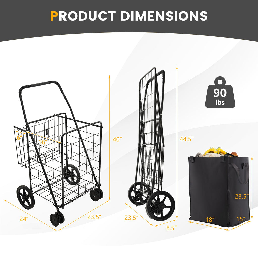 Folding Rolling Shopping Cart with Waterproof Liner and Basket-Black