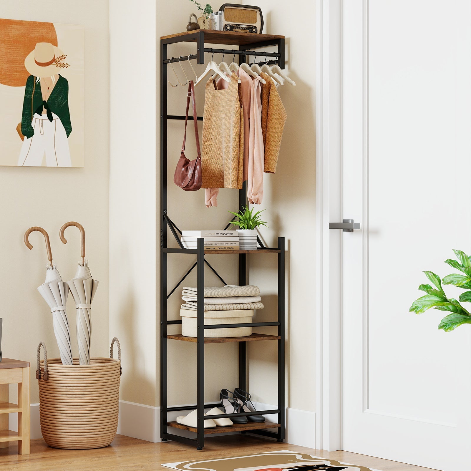 Freestanding Coat Rack with 4 Storage Shelves and 6 Hooks-Rustic Brown