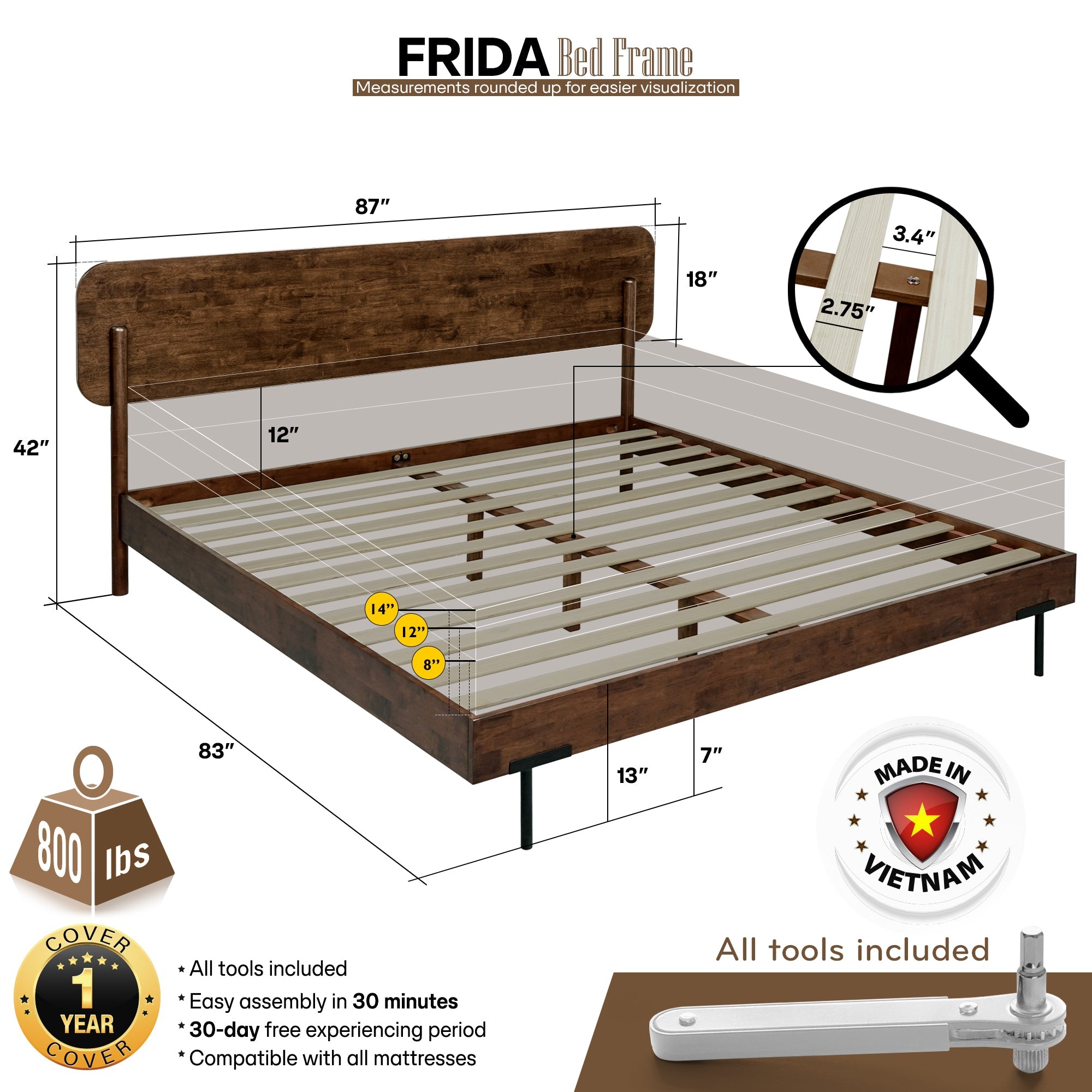 Frida Solid Wood Bed Frame