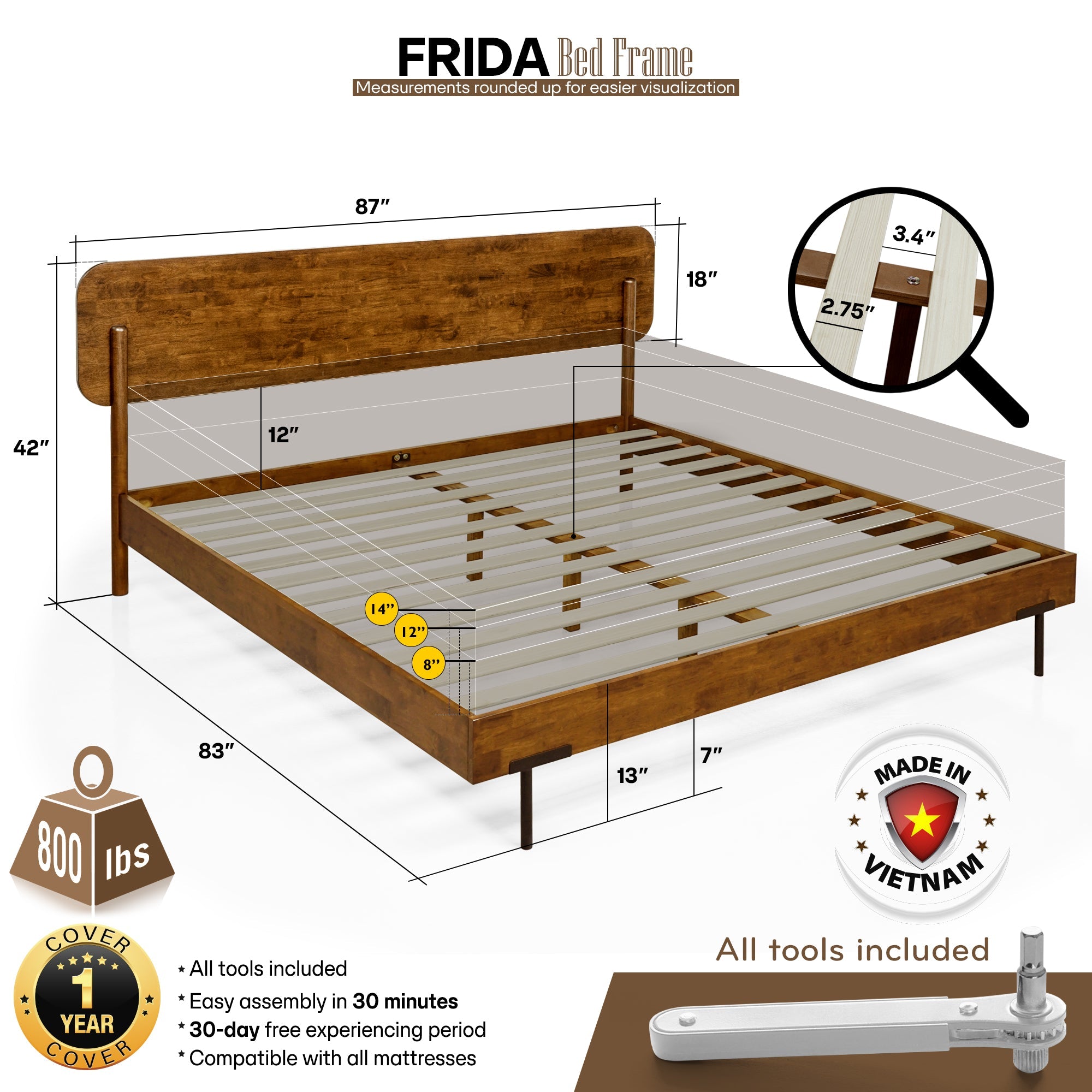 Frida Solid Wood Bed Frame