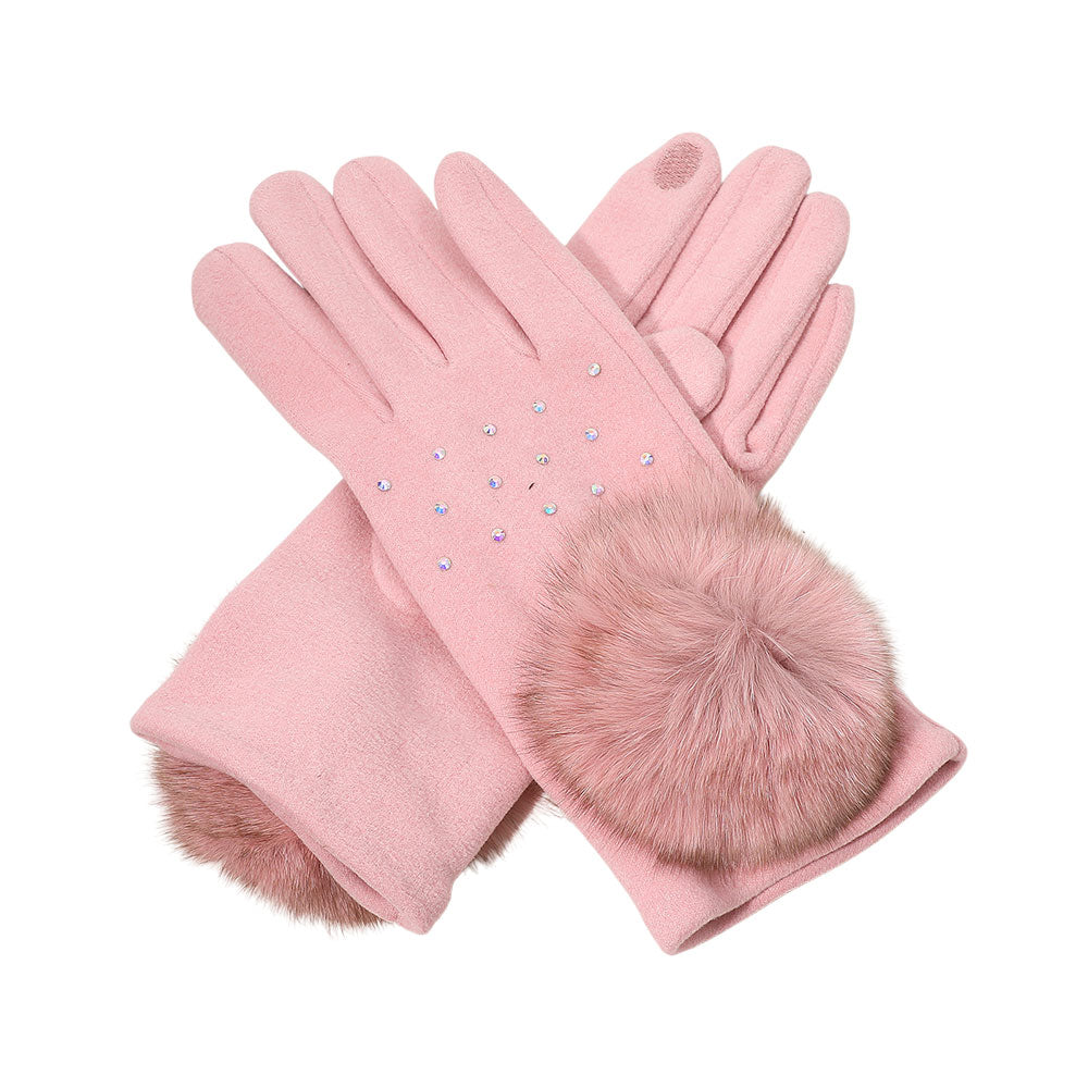 Faux Fur Cuff Pom Rhinestone Embellished Smart Touch Winter Gloves